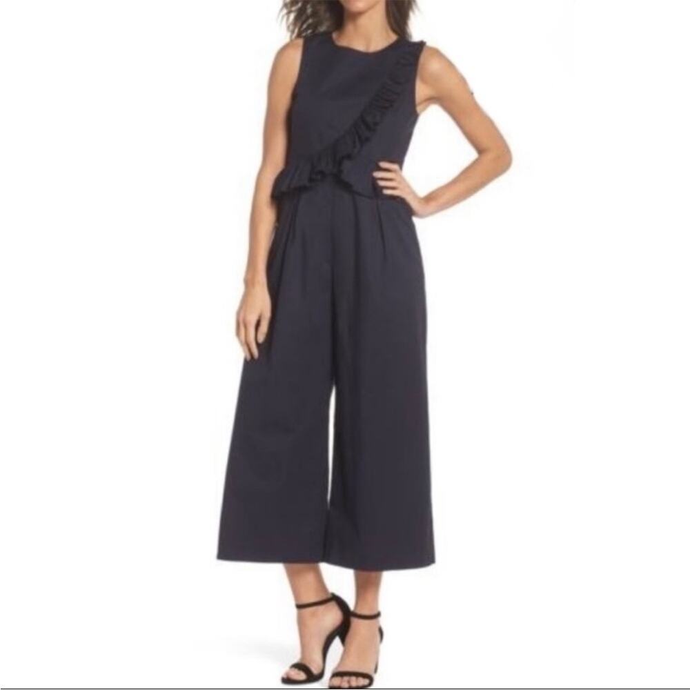 Chelsea28 Wide Leg Cropped Ruffle Jumpsuit Women's 2 Navy Sleeveless
